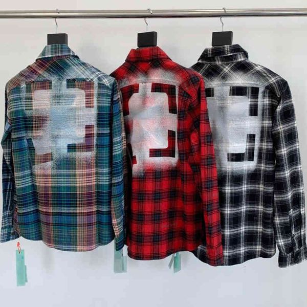 ow mens black white plaid casual shirt off polar fleece shirts american hip-hop men women long-sleeved cardigan coat, White;black